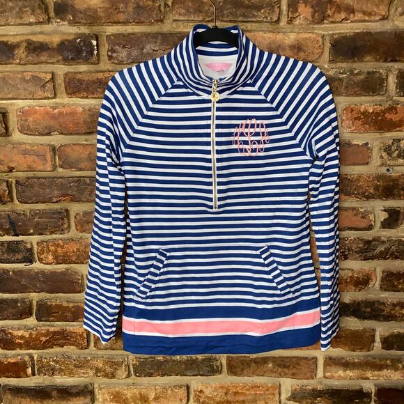 Lilly Pulitzer Skipper Popover Navy Blue Striped Half-Zip Sweatshirt Size XS - Picture 2 of 8